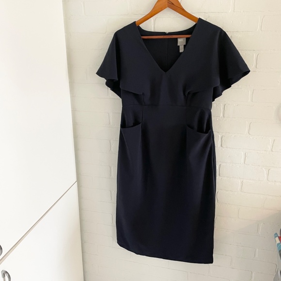 ASOS Midi dress Flounce Cape Angel Sleeve Pockets V neckline Navy blue Sz 10 - Picture 5 of 15